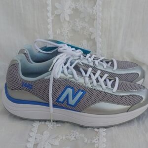 New Balance Blue and Silver Athletic Sneakers with Mesh Uppers